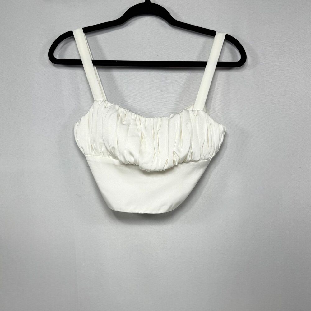 Draped Ruched Labera White Satin Bustier Crop Top - Picture 2 of 6